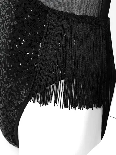 Vista 7 de Leotardo de malla con lentejuelas para mujer con flecos y abertura en la espalda, trajes de gimnasia