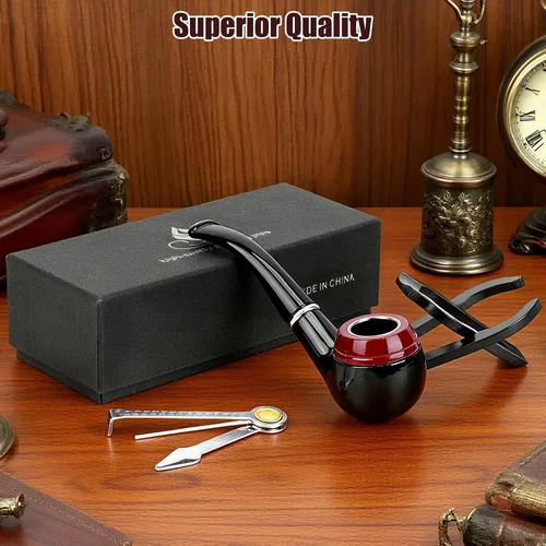 Vista 3 de Hysagtek Juego de Pipas de Tabaco - Pipa de Fumar Curva de Mango Corto con Soporte Plegable para Pipa, Kit Perfecto para Principiantes con Caja