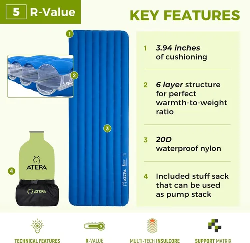 Vista 2 de ATEPA ThermAir Pro 5 R-Value - Colchón de aire aislado ultraligero para 4 estaciones, tapete de dormir silencioso de 4 pulgadas de grosor con saco