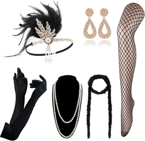 Vista 17 de DRESHOW - Juego de accesorios de El Gran Gatsby de los años 20 para mujer, diadema de flapper, tocado, guantes, disfraz, accesorios de las noches