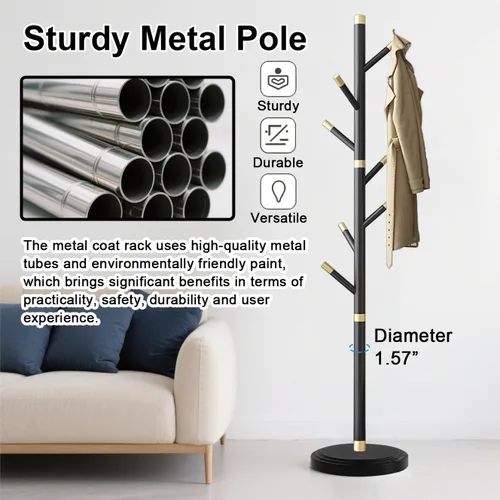Vista 4 de Perchero de metal con base pesada, percheros de poste grueso resistente con 7 ganchos de ABS, perchero moderno y estable para chaquetas, ropa