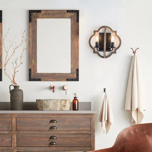 Vista 2 de VILUXY Apliques de pared de madera retro industrial, lámpara de pared geométrica de granja, lámparas de pared negras para dormitorio, pasillo