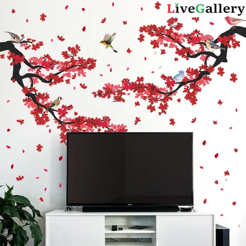 Vista 2 de Adhesivo decorativo para pared de ramas de ciruelo rojo 3D, diseño creativo, pájaros, estilo pastoral, extraíble, despegar y pegar, para niños