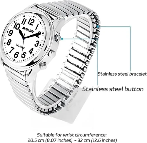 Vista 6 de English Talking Men's Watch for Elderly, Low Vision or Visually Impaired, Loud Sound, Large Numbers, Bold Hands, Stainless Steel Expandable Strap