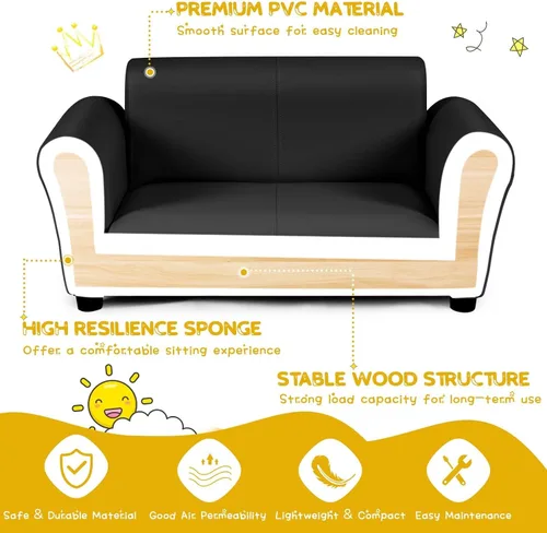 Vista 4 de INFANS Sofá infantil de 2 asientos con reposapiés, construcción de madera resistente, sillón con reposabrazos para niños en edad preescolar, sofá