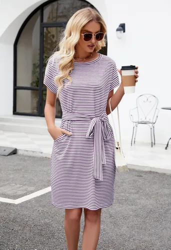 Vista 6 de MEROKEETY - Vestido de verano con manga corta, a rayas, casual, estilo camiseta, con lazo en la cintura y bolsillos, para mujer