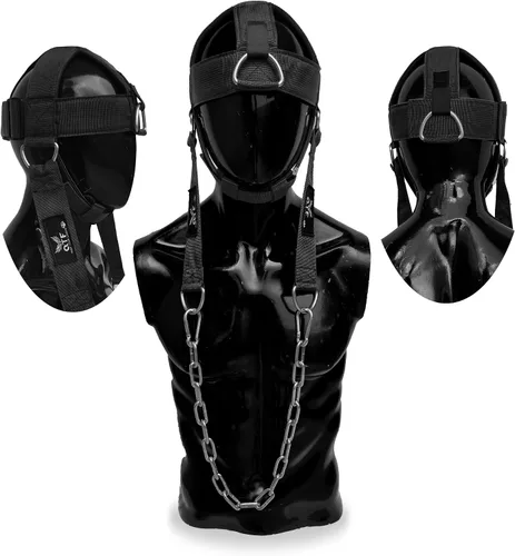 Vista 2 de QTF Arnés de cuello para entrenamiento de levantamiento de pesas, constructor de cuello grueso de neopreno acolchado ajustable para barbilla