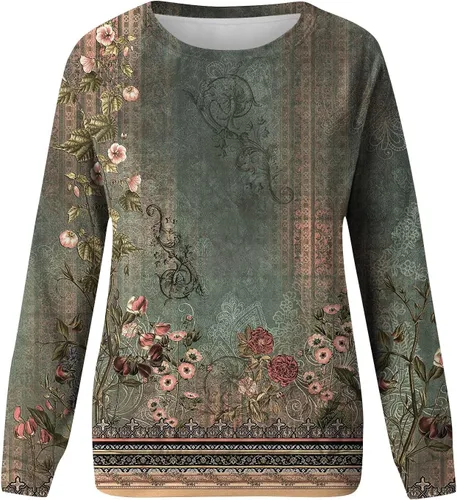 Vista 2 de Camisas de manga larga para mujer, camisetas sin capucha, sudadera a rayas de gran tamaño, manga larga, cuello redondo, a la moda