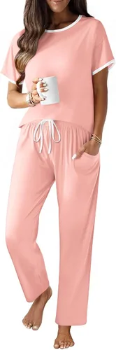 Vista 18 de Ekouaer - Conjunto de pijama de 100% algodón para mujer, manga corta, con pantalón largo, 2 piezas, juego de ropa para dormir con bolsillo