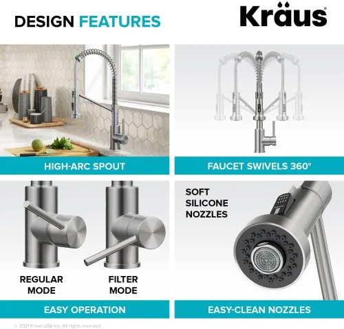 Vista 13 de Kraus Bolden 2-en-1 Grifo de cocina de estilo comercial con filtro de agua monomando extraíble para ósmosis inversa o sistema de filtración de agua