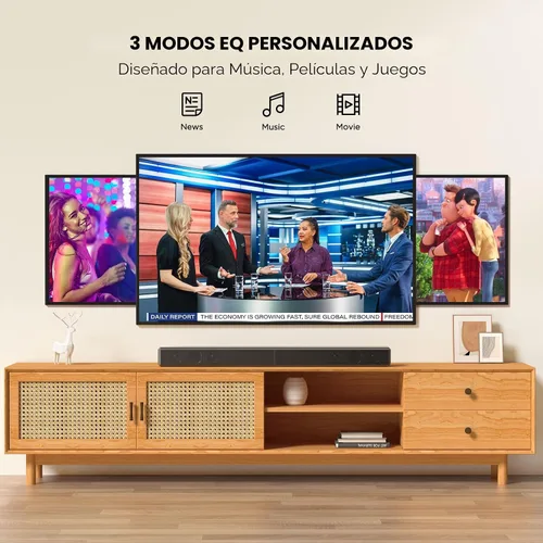 Vista 4 de Barra de sonido de 2.0 canales de 100 W para Smart TV, altavoz Bluetooth 5.3 desmontable 2 en 1 con 3 modos de ecualización y graves ajustables