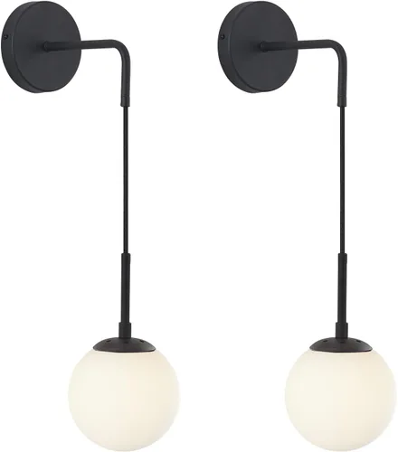 Vista 17 de KCO Lighting Juego de dos apliques de pared de vidrio blanco esmerilado con globo esférico dorado de latón, luz de pared con cable ajustable