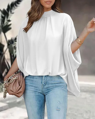 Vista 152 de BTFBM Blusas de verano para mujer, cuello alto falso, manga murciélago, holgadas, dobladillo alto y bajo, blusas informales de gran