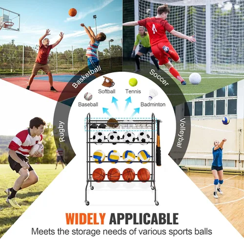 Vista 6 de VEVOR Rolling Sports Ball Storage Cart, Lockable Basketball Cage with Double Lids, Sport Equipment Holder Organizer for Indoor Outdoor, Steel