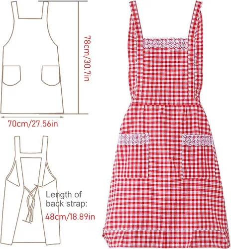 Vista 2 de Delantal clásico vintage para mujer, delantal de algodón a cuadros rojo y blanco, babero de chef de cocina para el hogar