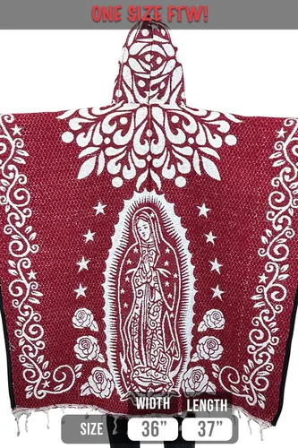 Vista 3 de ShirtBANC Poncho mexicano Serape Capota Azteca Múltiples Estilos Hecho en México, Capucha San Judas Virgen Rojo Blanco