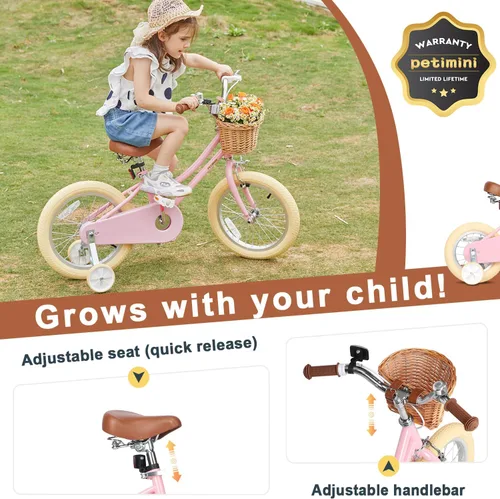 Vista 4 de Petimini Bicicleta para niñas con cesta para niños de 2 a 12 años, 12, 14, 16, 18, 20 pulgadas, con campana y ruedas de entrenamiento, varios
