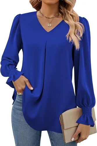Vista 29 de Funlingo Blusas de mujer con mangas largas 2025, elegantes y casuales, con cuello en V, túnica suelta de gasa para el trabajo