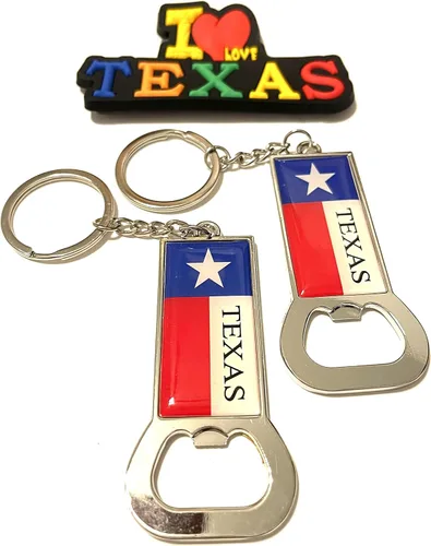 Vista 25 de Juego de 2 llaveros de recuerdo de Texas con imán para nevera con texto en inglés "I Love Texas", Diseño de horizonte de Dallas, Mediana