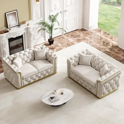 Vista 8 de Sofá de dos plazas Chesterfield de terciopelo de 62.2 pulgadas, sofá de lujo blanco y dorado, beige Gris