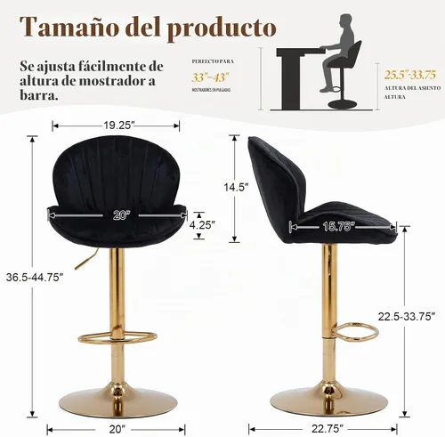 Vista 2 de CIMOTA Juego de 2 taburetes de bar negros y dorados de altura ajustable, taburetes de bar giratorios modernos con forma de concha, taburetes