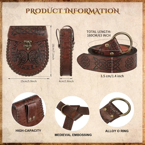 Vista 2 de Cinturón vikingo medieval de cuero para cinturón de piel sintética para bolsa medieval retro, accesorios renacentistas