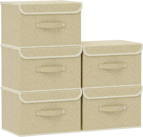 Vista 20 de Cajas de almacenamiento, contenedores de almacenamiento plegables con tapas, cestas de almacenamiento de tela de algodón y lino con asa