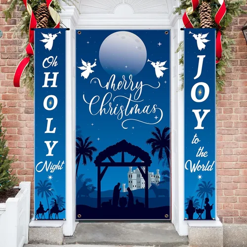 Vista 5 de Preboun 3 pancartas colgantes de Navidad con luces LED para el porche de Navidad con cadena de luces LED para decoración de invierno, Navidad