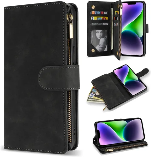 Vista 30 de ZZXX Funda tipo cartera para iPhone 14 Plus con [Bloqueo RFID] Ranura para tarjetas Cuero PU suave premium con cremallera tipo folio plegable