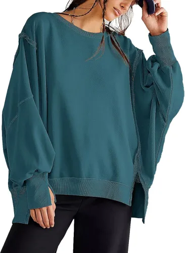 Vista 4 de Beaully Sudadera de gran tamaño con cuello redondo para mujer, con abertura lateral, manga larga, ropa de invierno