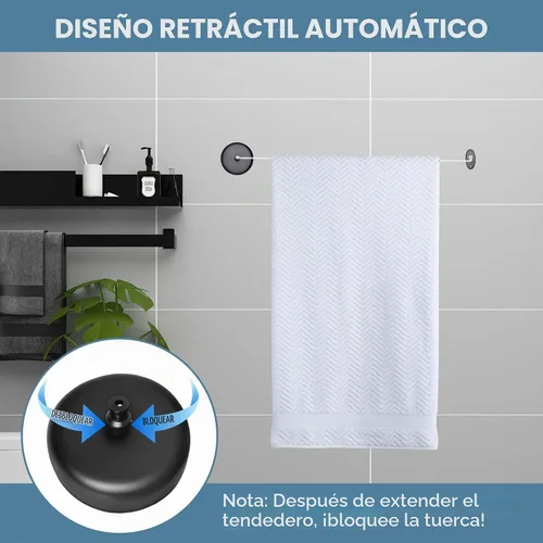 Vista 3 de SUS304 Tendedero retráctil con cuerda de ropa de nylon ajustable para cuarto de baño Lavandería Hoteles (negro)