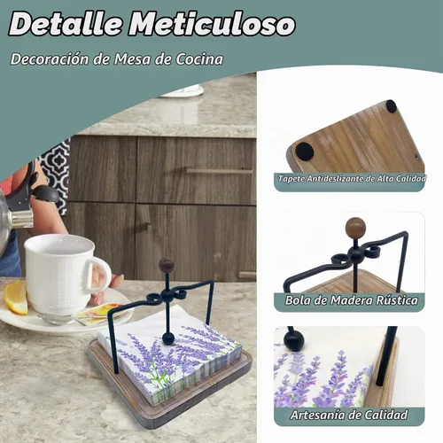 Vista 4 de Servilletero de madera rústica para mesa, decoración de mesa de cocina de granja, servilletero plano con brazo y asa con peso para el hogar, cocina