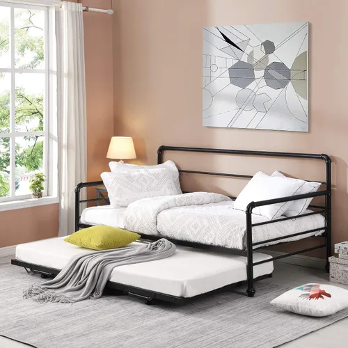 Vista 3 de Sofá cama doble de metal con nido desplegable ajustable, marco de acero resistente, soporte de listones de metal, sin necesidad de somier, cama