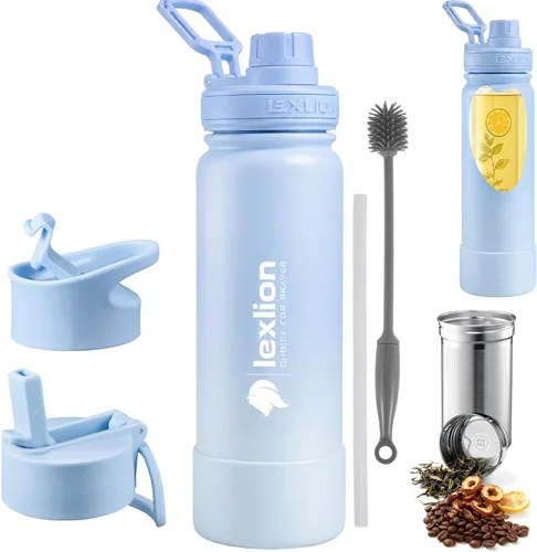 Vista 12 de Lexlion Botella de agua de 14 onzas, de acero inoxidable con aislamiento de triple pared, resistente al olor y a la tensión, botella reutilizable, 1