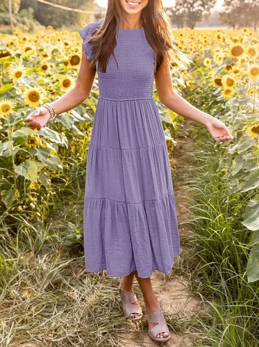 Vista 2 de MEROKEETY - Vestido midi fruncido de manga corta para mujer, vestido de verano casual, acampanado, con cintura elástica y escalonado