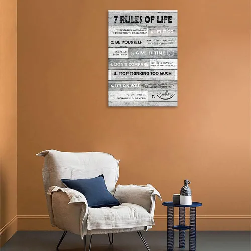 Vista 2 de Arte de pared inspirador con citas motivacionales, 7 reglas de la vida, impresiones en lienzo de tablero de madera, pintura en lienzo con citas