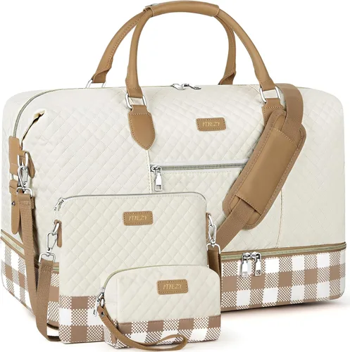 Vista 21 de Bolsa de fin de semana para mujer, bolsa de viaje de nailon, con compartimento para zapatos, tamaño grande 1-beige