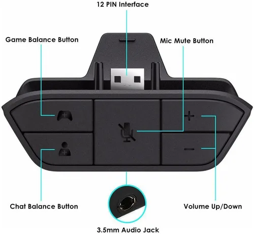 Vista 3 de Adaptador de auriculares estéreo para Xbox One con micrófono de audio conversor de auriculares Negro con azul