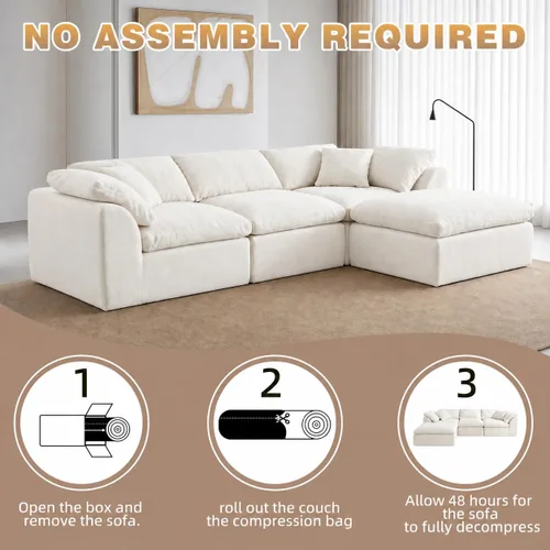 Vista 4 de Sofá seccional de nube sin hueso de 110 pulgadas para sala de estar, sofá modular en forma de L de gran tamaño con otomana, sofá seccional de Blanco