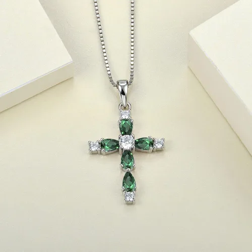 Vista 119 de YL Collar de cruz de plata de ley 925 con colgante de piedra natal religiosa para mujer
