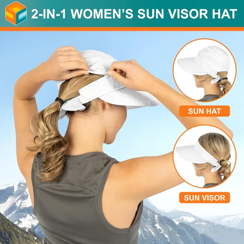 Vista 50 de SUN CUBE Sombrero de sol para mujer para protección UV al aire libre, sombrero de sol de ala ancha, cola de caballo, sombrero de playa convertible