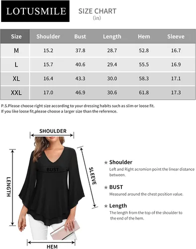 Vista 6 de Lotusmile - Blusa de vestir para mujer, camisa de malla de doble capa, manga acampanada 34, blusas de túnica