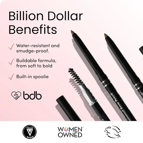 Vista 6 de Billion Dollar Brows Lápiz universal para cejas: diseño de doble punta con punta de precisión y espiral, acabado mate, impermeable, fácil de usar