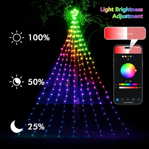 Vista 9 de Luces de Cascada de Navidad RGB Inteligentes de 16.4 Pies con Estrella, APP y Control Remoto, Espectáculo de Luz Personalizado DIY y Sincronización