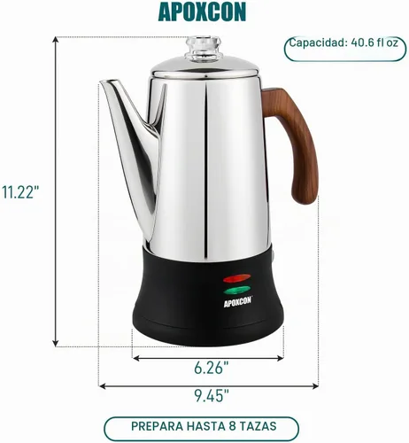 Vista 2 de APOXCON Cafetera eléctrica de acero inoxidable con dos perillas de vidrio resistentes al calor y mango de madera tratada con función de mantener