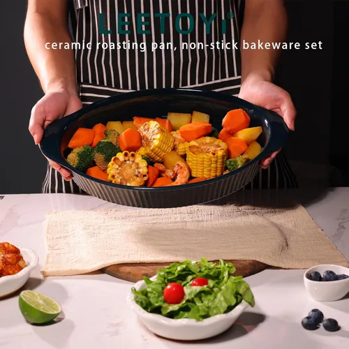 Vista 7 de LEETOYI Sartenes ovalados grandes de porcelana para gratinar de 9 x 13 pulgadas, bandeja para hornear para porciones, utensilios para hornear