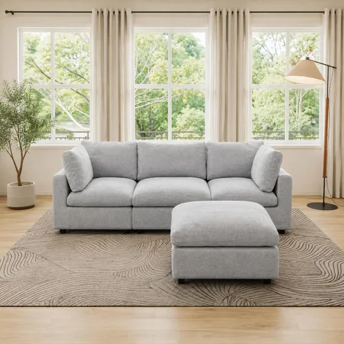 Vista 28 de Sofá modular de nube seccional, moderno sofá en forma de L con otomana, 100 pulgadas, 3 plazas de felpilla para asiento profundo para sala de estar