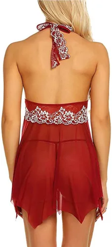 Vista 6 de BOOBILY Women Lingerie Halter Chemise Lace Embroidery Backless Babydoll Gauze Nightwear V Neck Teddy Lingerie Dress
