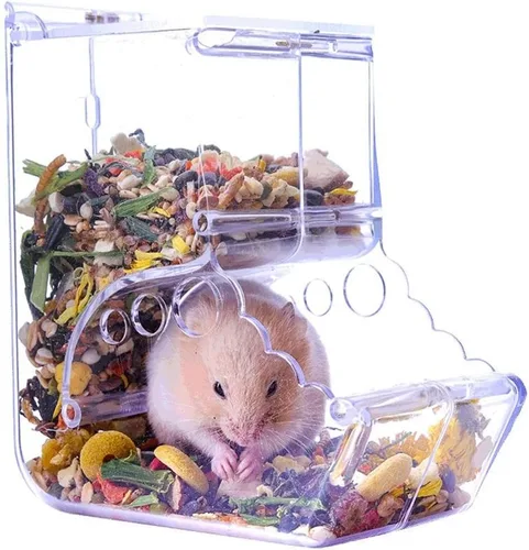 Vista 7 de Comedero para hámsters, dispensador automático de animales pequeños, acrílico transparente, recipiente de almacenamiento de alimentos para mascotas