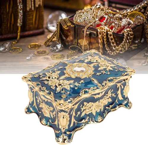 Vista 9 de TOPINCN Organizador de baratijas, caja de joyería para prevención de óxido, aleación de zinc, elegante para aniversario (azul dorado)